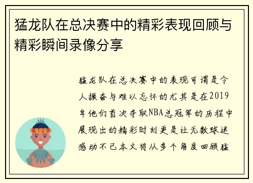 猛龙队在总决赛中的精彩表现回顾与精彩瞬间录像分享